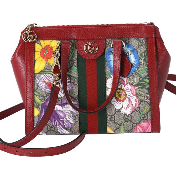 GUCCI Ophidia GG Flora Tote Bag 547551 Brown Red Multi PVC Leather - Picture 1 of 8